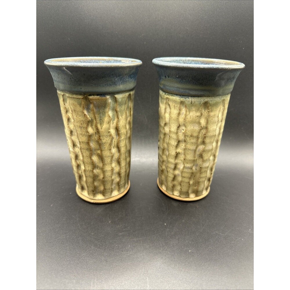 Handmade Studio Pottery Cups/Vase Blue Green Signed Sherryl Lutz Set of (2)